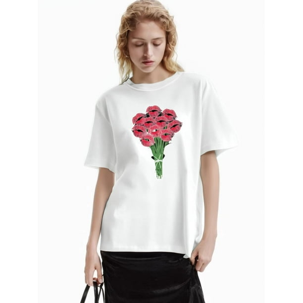 Valentine's Day Flower Print T-Shirt For Men And Women Round Neck Cotton Short Sleeve Sports T-ShirtCamisetas de verano para mujer, manga corta, cuello redondo, casual, lindo, con gráficos, camisetas