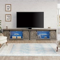 WAMPAT LED Farmhouse TV Stand Modern Sliding Barn Door Entertainment Center for TVs Up to 100 inch, 2 in 1 Wood TV Media Console for Living Room,Blue Light, Grey
