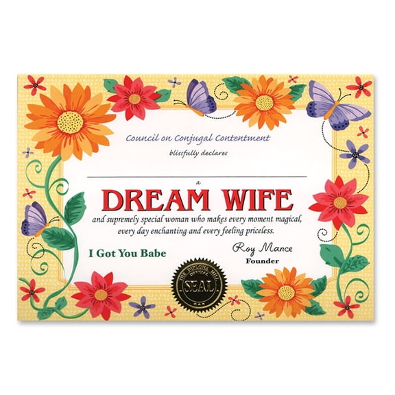 Pack of 6 ''Dream Wife'' Certificate 5" x 7"