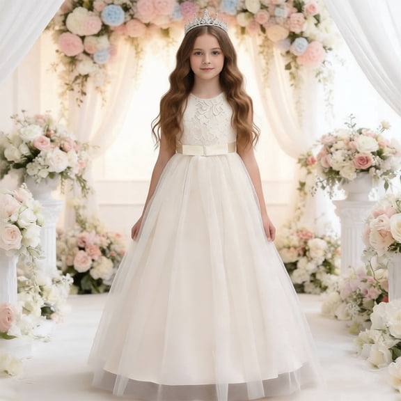 NordicNest Kids Elegant Long Sleeveless Dress Solid Color Girls Lace Formal Gown With Puffy Dress For Parties O-Neck Relaxed Fit Dresses