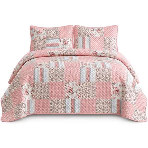 DBOZE Floral Patchwork Quilt Set, Reversible Lightweight Bedspread Coverlet with Matching Pillow Shams, 3 Piece All Season Bedding Set(Cal King Size,Pink/White)