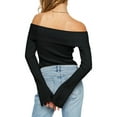 thumbnail image 4 of Womens Off Shoulder Ribbed Knit Crop Sweaters Long Sleeve Slim Pullover Jumper Tops, 4 of 6
