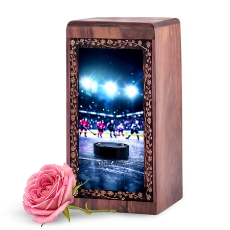 KARYLIZ Ice Hockey Wooden Urns for Men – Wooden Urn for Ashes Adult Male – 11 Inch Large Adult Size Cremation Boxes – Wood Engraved Box for Cremation – Ice Hocky Urn for Brother