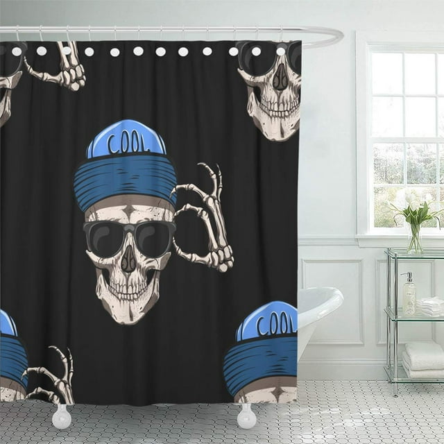 ABPHQTO Cráneo gótico con gafas y gorra azul Hueso de metal negro Peligro craneal Darkness Dead Juego de cortinas de ducha de baño impermeables 165x180 cm ABPHQTO PKNMT66x72Shower-11566