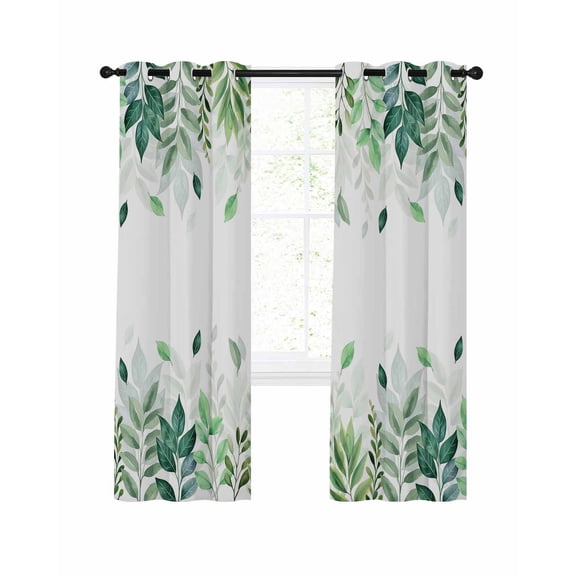 Green Leaf Blackout Curtains 90 Inches Long for Bedroom, Fall Plant Country Vintage Watercolor White Thermal Insulated Room Darkening Black Out Window Curtain Panels Grommet Drapes for Living Room