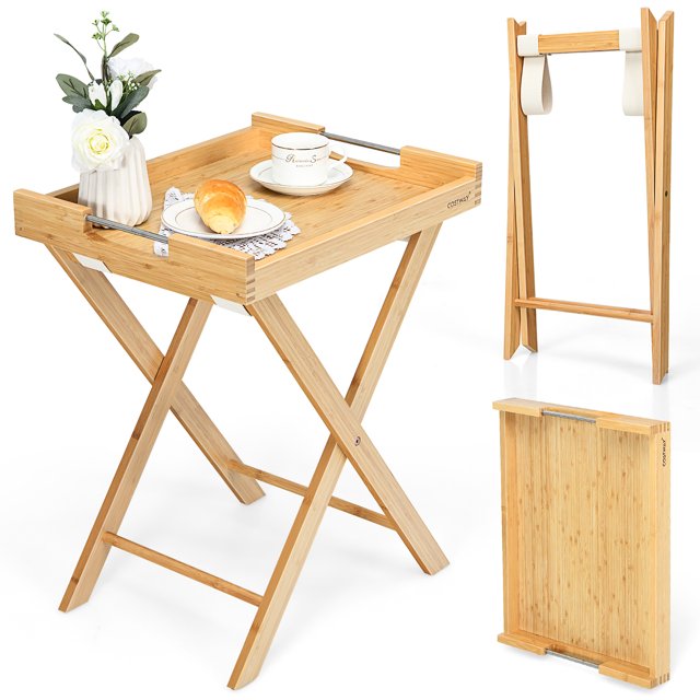 Costway Bamboo Lipped Snack Side Table Multi Functional Folding TV Tray for Sofa Bed