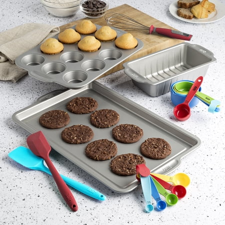 Tasty 16 Piece Non-Stick Baking Set  Red/Blue Spatulas  Red Whisk