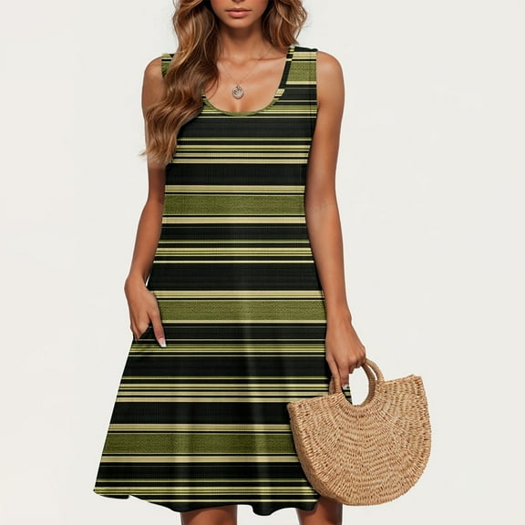 Dress Fashion Outfits Womens Summer Casual Mini Dresses Women's Casual Plus-Size Sleeveless Crew Neck Striped Short Dress Army Green Xl