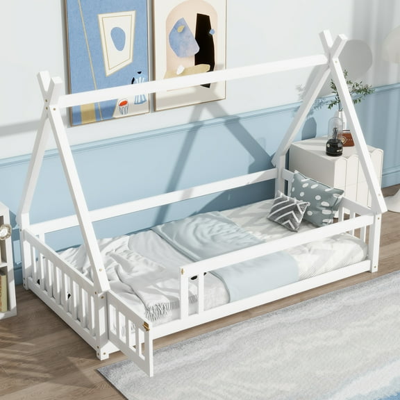 Miniyam Twin Floor Bed for Kids with House Frame, Guardrails and Lockable Door, White