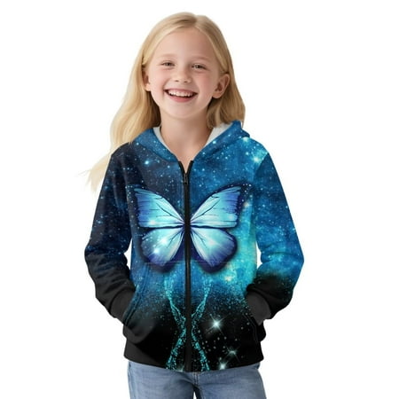 POLERO Blue Butterfly Galaxy Print Full Zip Hoodie Girls Oversized Casual Long Sleeve Sweatshirts for Girls Cute Jackets with Pockets Size L