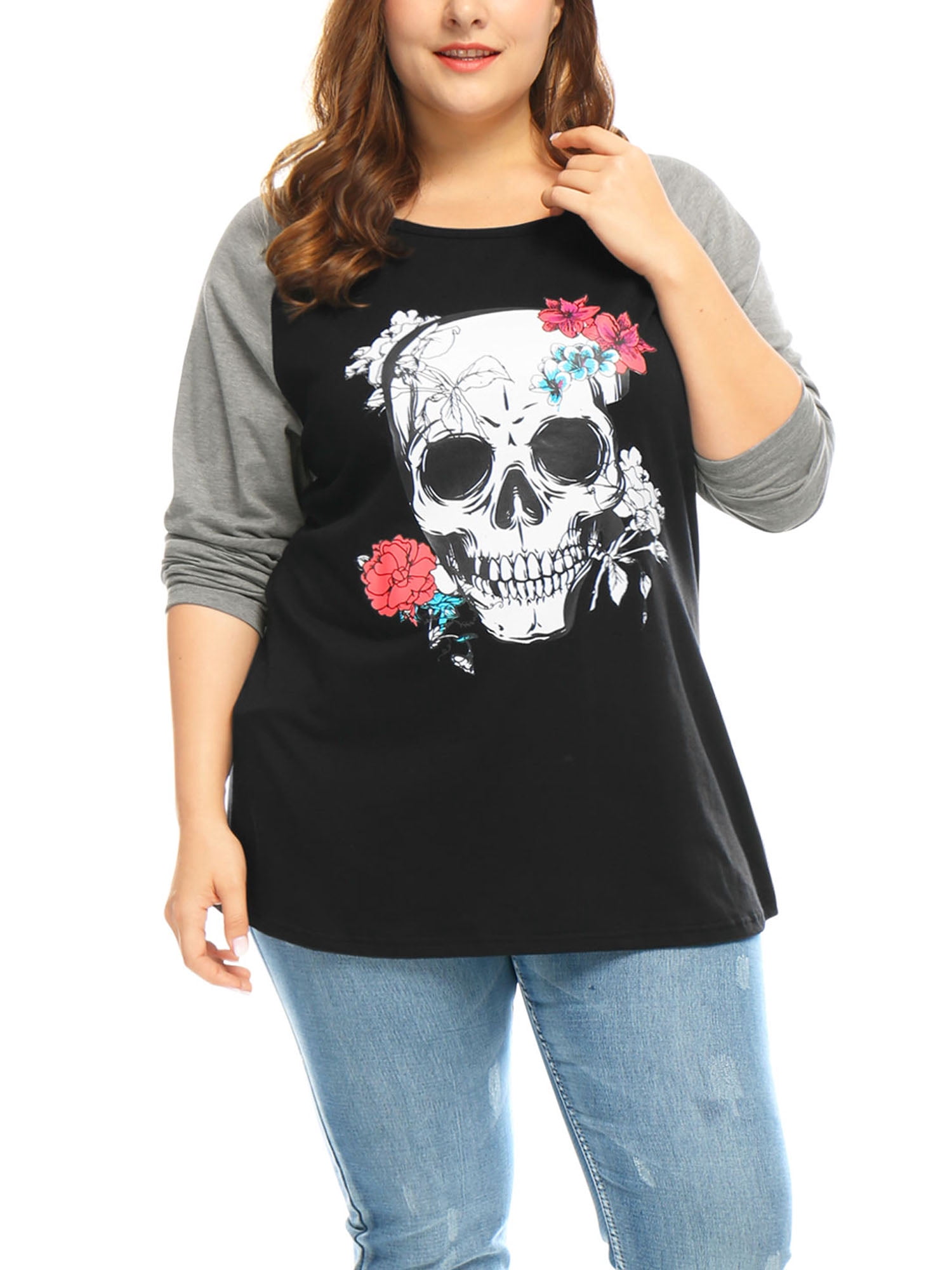Unique Bargains Women's Plus Long Sleeve Scoop Neck Floral Skull Tops 1X Black
