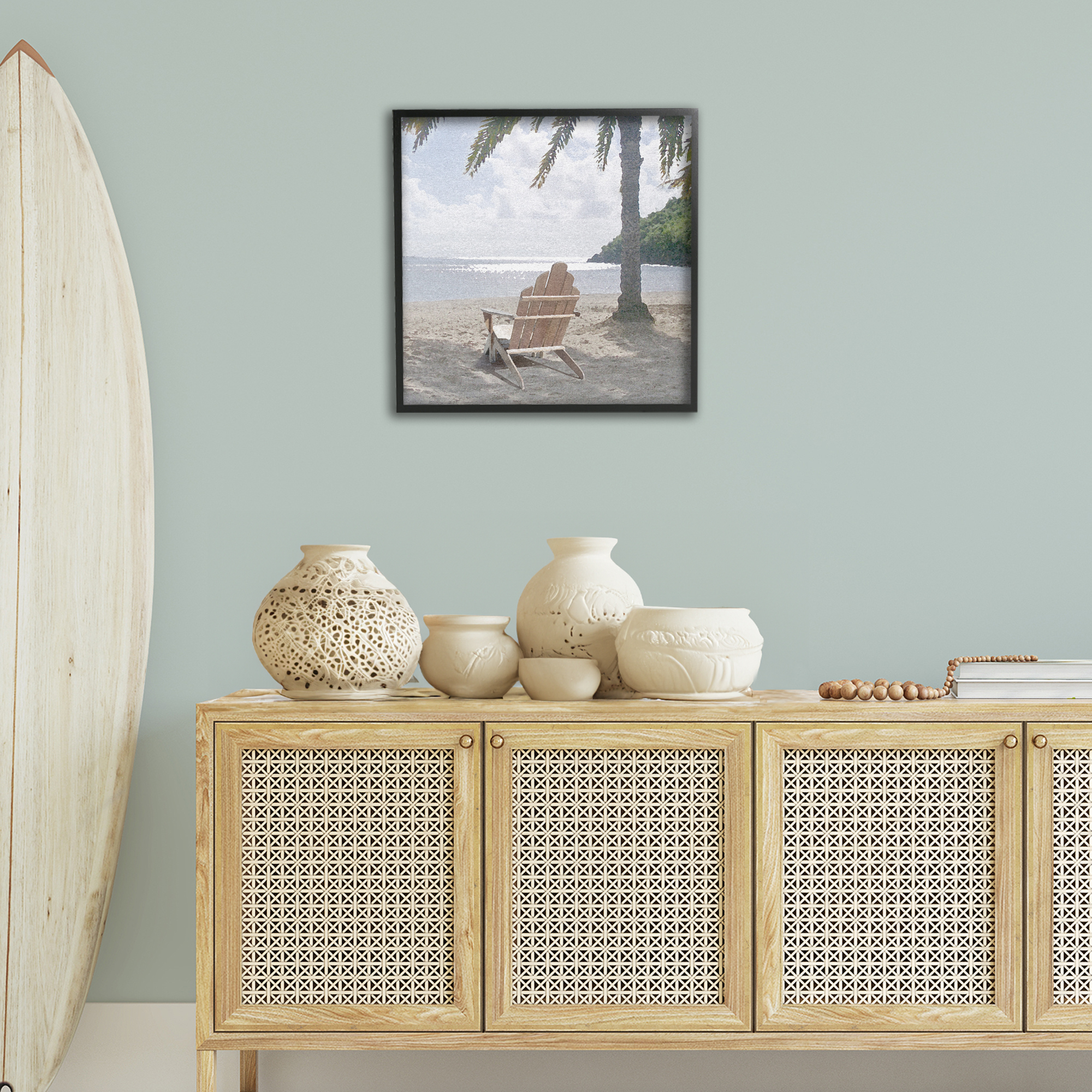 Stupell Industries Chair Under Palm Tree Coastal Photography Black Framed Art Print Wall Art, 24 x 24