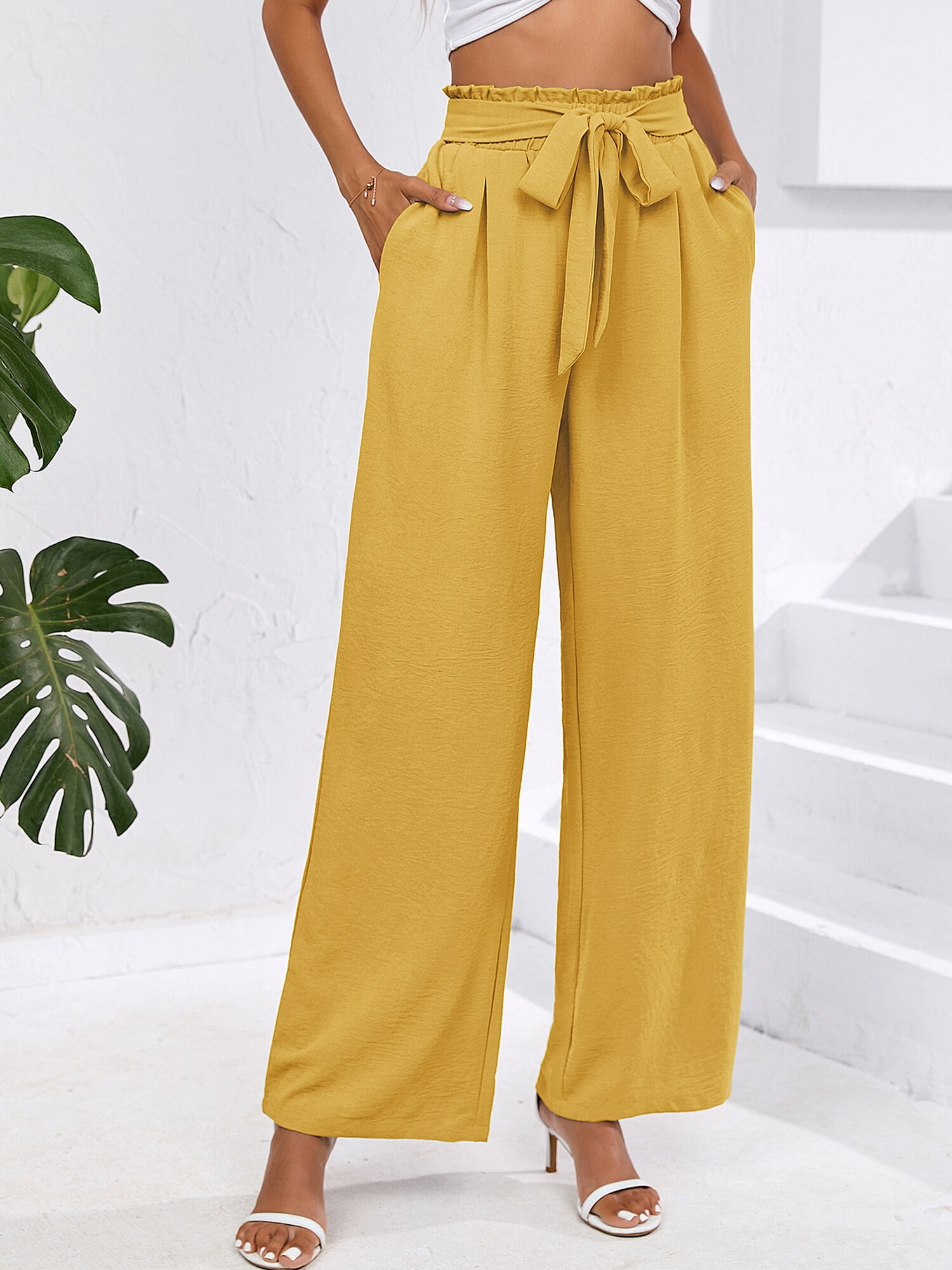 Chiclily Women's Wide Leg Pants with Pockets Lightweight High Waisted  Adjustable Tie Knot Loose Trousers Flowy Summer Beach Lounge Pants, US Size  Large in Yellow 