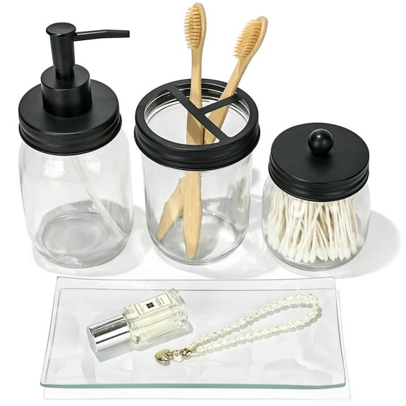 Haturi Mason Jar Bathroom Accessories Set, 4Pcs Glass Bathroom Accessory Set Complete w/Soap Dispenser, Toothbrush Holder, Qtip Holder, Vanity Tray, Rustic Farmhouse Decor, Gift for Apartment (Black)