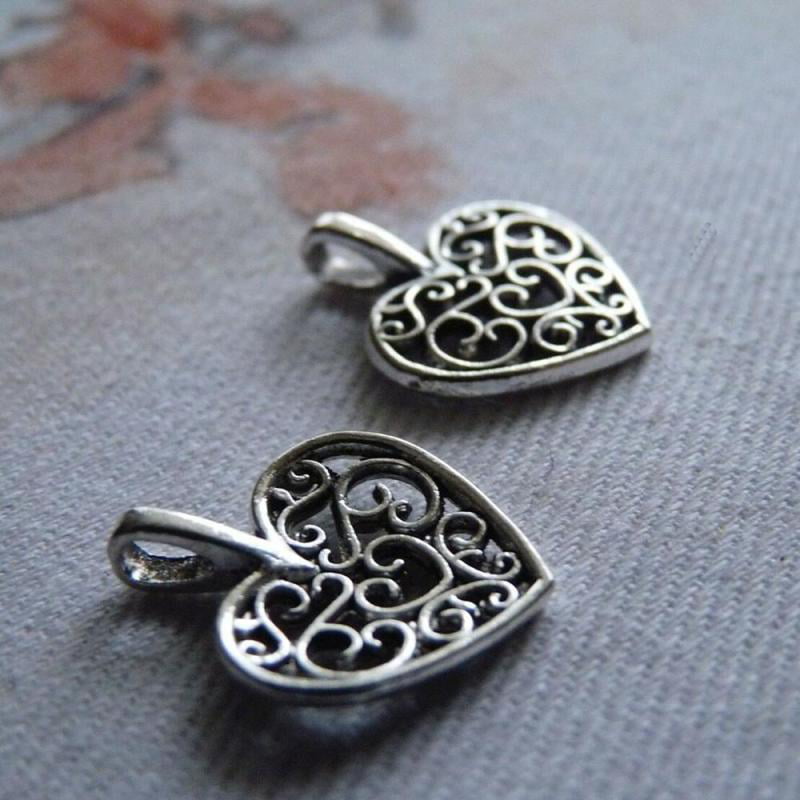 Hollow Heart Charms Necklace for DIY Jewelry Making Tibetan Silver 50pcs 