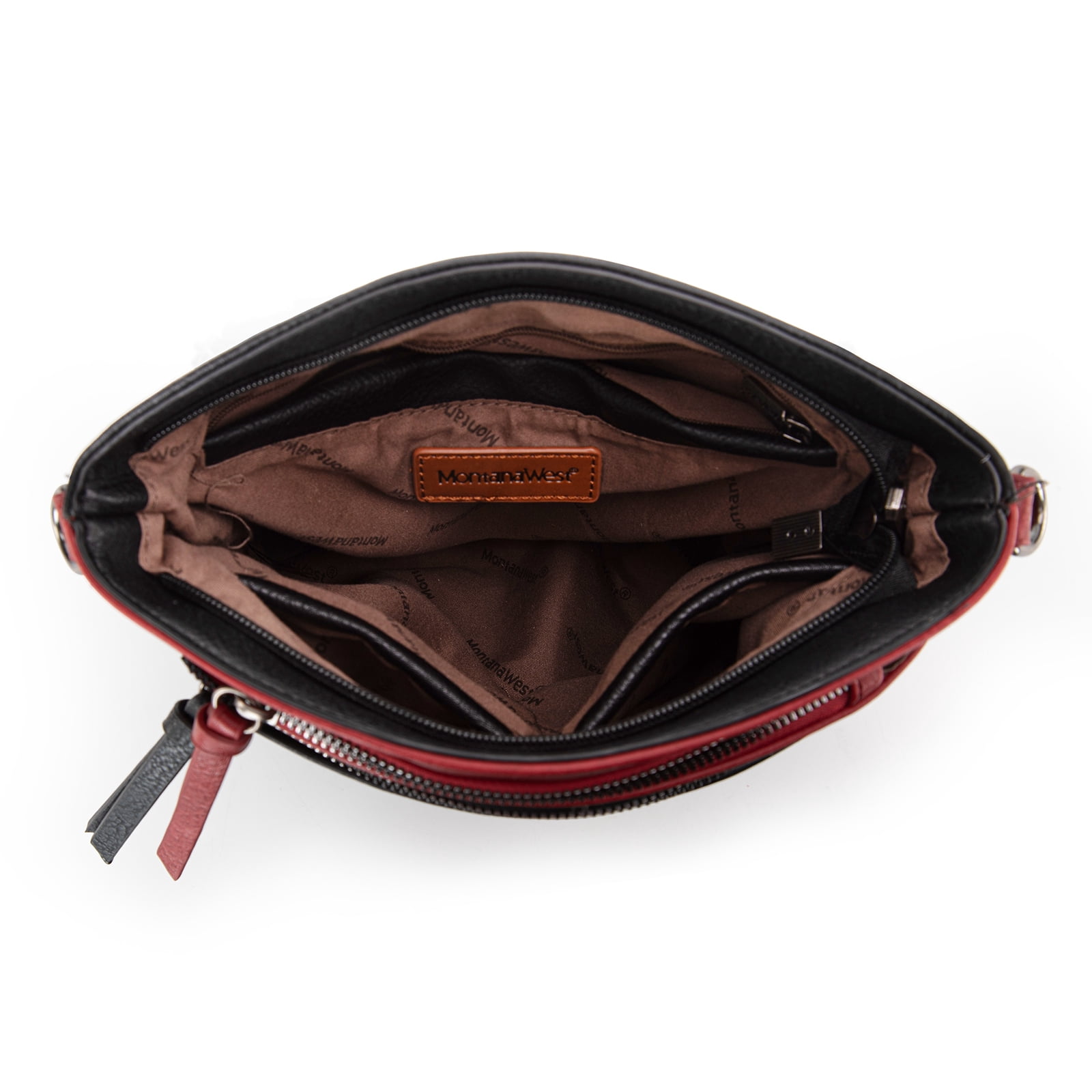 Montana West Multi Zip Pocket Large Crossbody Bag With Guitar Strap, Brown/Red