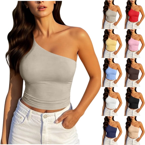 Yourumao One Shoulder Tank Tops for Women Crop Slim Fit Tanks Sleeveless Y2k Tops Solid Dressy Casual Tees for Party Club