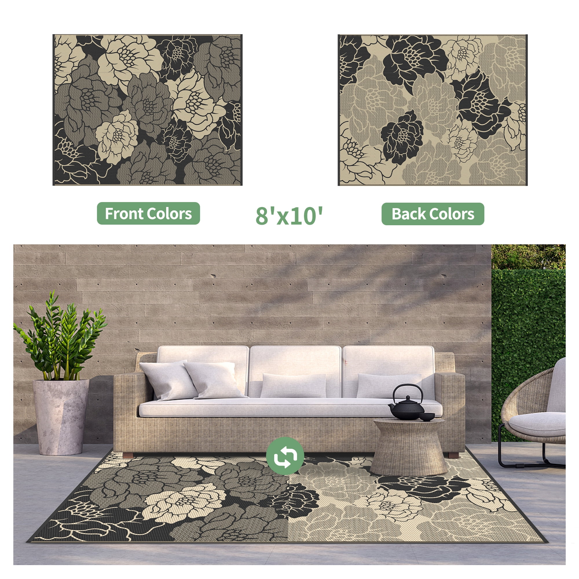 KUETH 8'x 10' Outdoor Rug Plastic Waterproof Outside Foldable Flower Mat UV Resistant Patio RV Deck Carpet,BLACK BEIGE