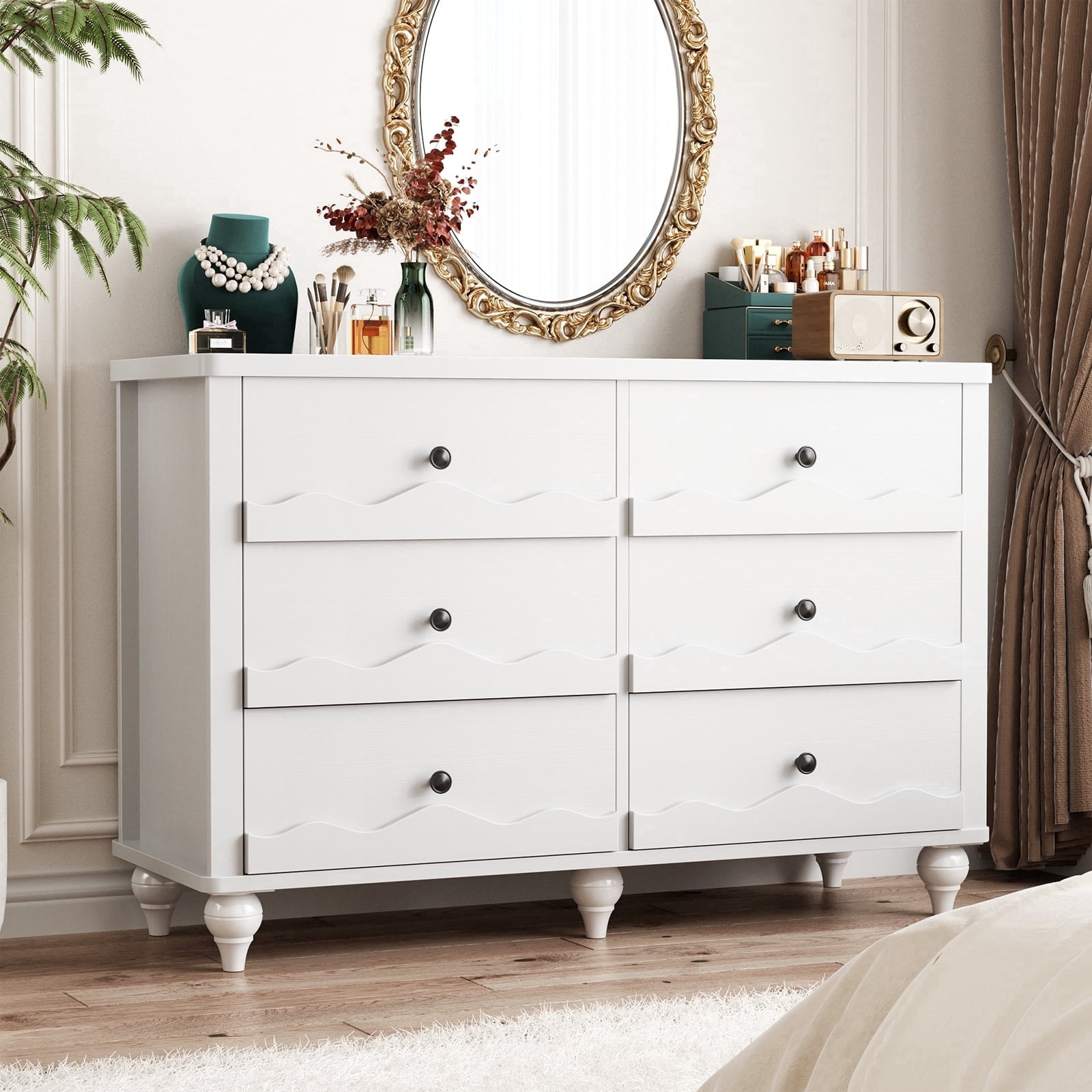 Homieasy 6-Drawer Dresser for Bedroom - 43" Modern Chest of Drawers with Scalloped Front, Storage Organizer for Living Room, Hallway & Entryway,White