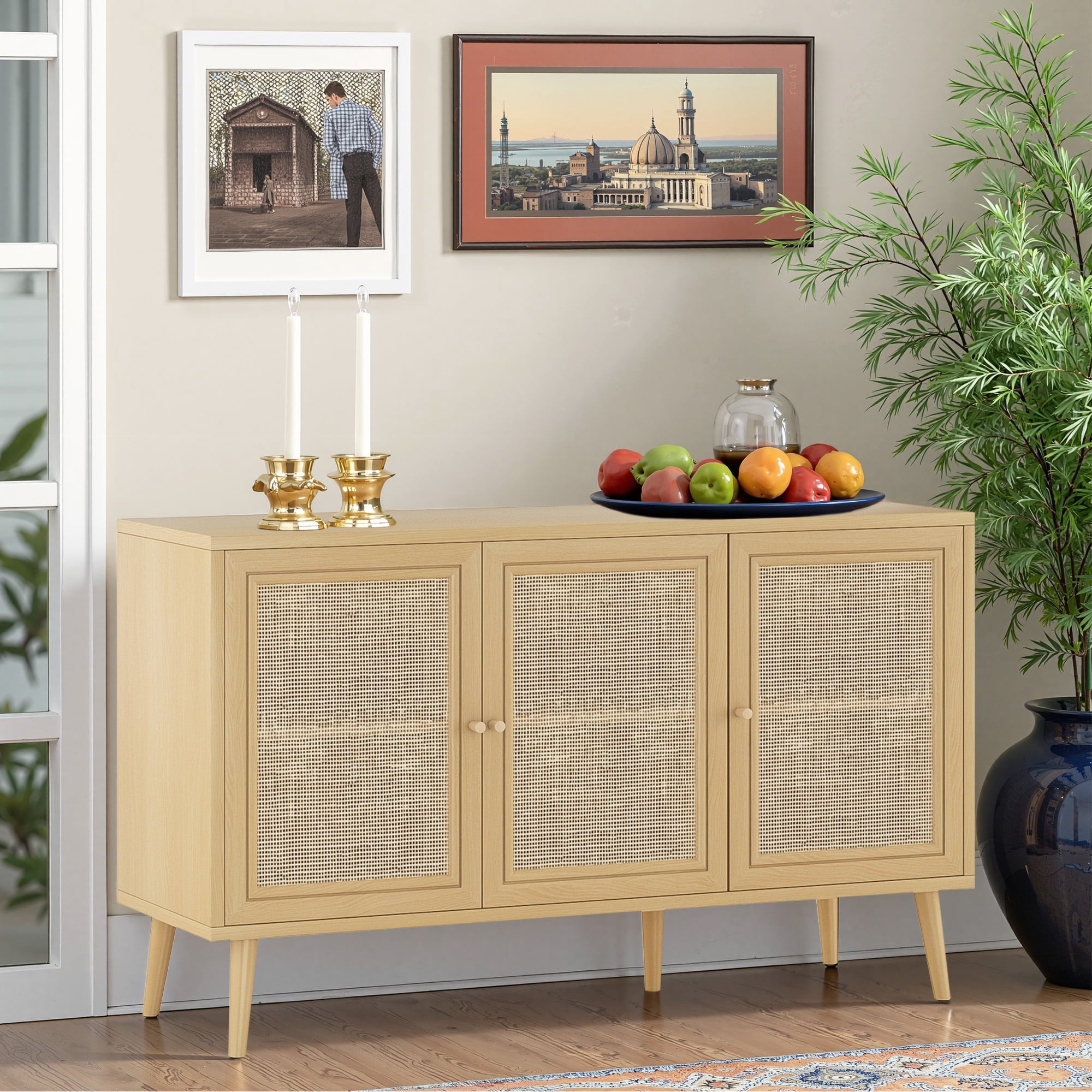MAYEERTY Natural 47*15*28"Rattan-Fronted Sideboard Cabinet with 3 Doors for Dining Room & Entryway Storage