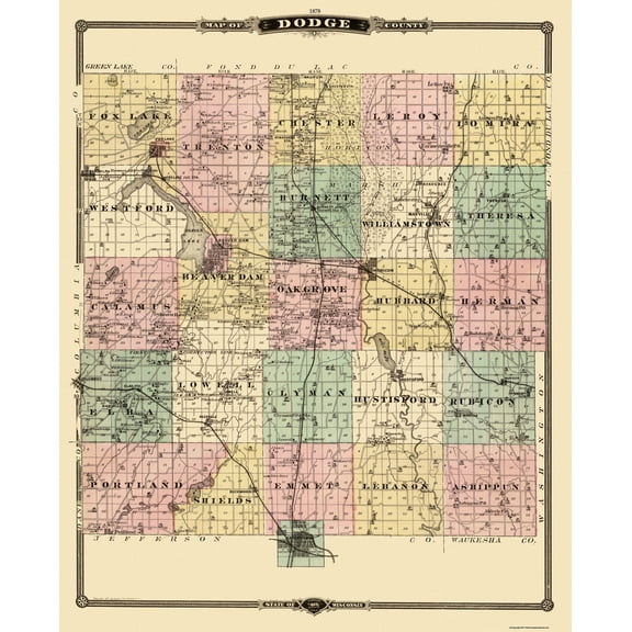 Historic County Map - Dodge County Wisconsin - Snyder 1878 - Vintage Wall Art