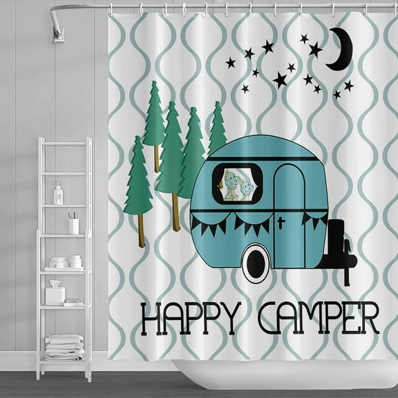 84x72inch RV Shower Curtain Sets Happy Camper Outdoor Adventure Camper Trailer Forest Camping Cartoon RV Bathroom Curtain Wavy Line Decorations Bathroom Set Hooks Included Waterproof