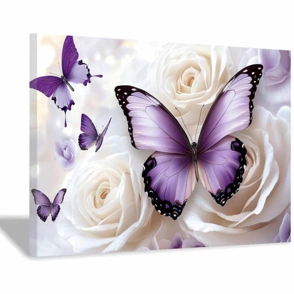 Mudket White Roses with Purple Butterflies Canvas Wall Art, Floral Wall Decor, Framed Ready to Hang Artwork for Living Room Bedroom Wedding Decor - 12"L x 8"W