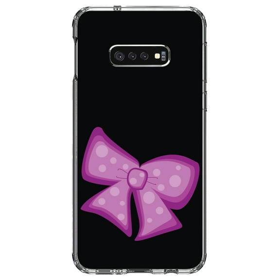 DistinctInk Clear Shockproof Hybrid Case for Samsung Galaxy S10e (5.8" Screen) - TPU Bumper, Acrylic Back, Tempered Glass Screen Protector - Pink Black Bow Ribbon - Cartoon Bows / Ribbons