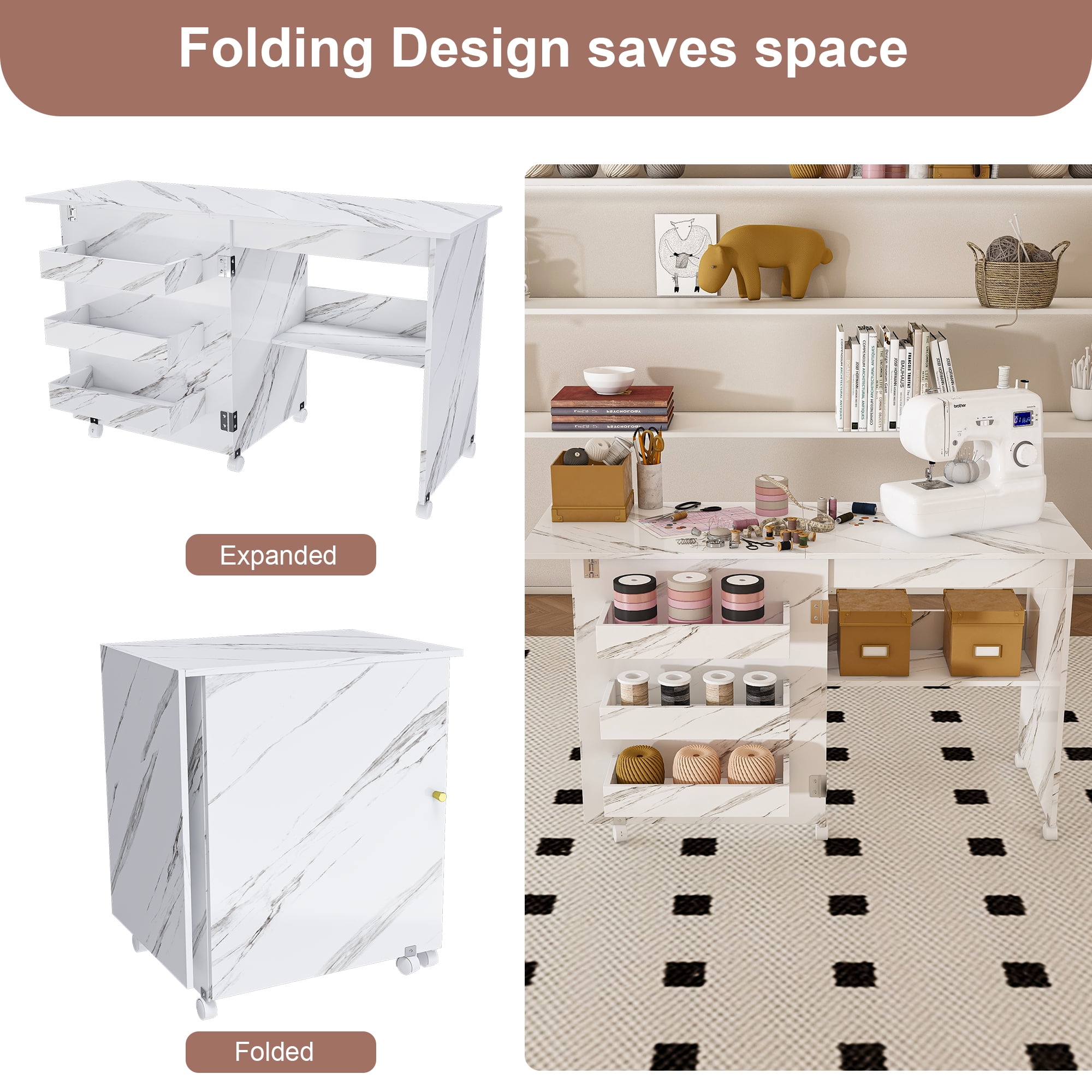 Computer Desk Folding Table,Multi-Functional 4-in-1 Folding Sewing Table Kitchen Storage Table with Lockable Wheels for Apartments,White