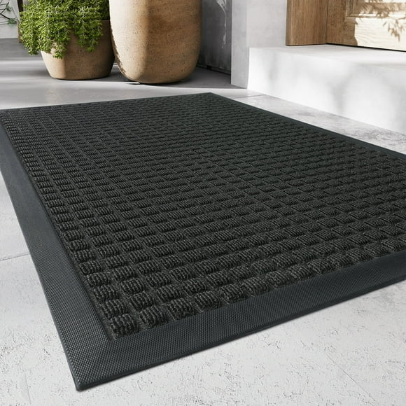 CHUANK Outdoor Mat Non Slip Door Mat 17”x30” Front Door Mats Absorbent Rubber Welcome Mat Low Profile Dirt Trapper Entry Rug Heavy Duty Durable Outdoor Doormat Checker Grey