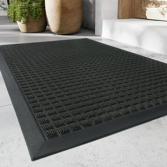 JUNWELL Outdoor Mat Non Slip Door Mat 17”x30” Front Door Mats Absorbent Rubber Welcome Mat Low Profile Dirt Trapper Entry Rug Heavy Duty Durable Outdoor Doormat Checker Grey