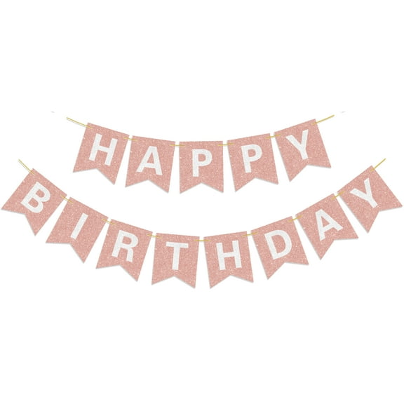 PIXHOTUL Pre-Strung Happy Birthday Banner  - NO DIY - with Shiny Letters Glitter Happy Birthday Banner for Rose Gold Birthday Party Decorations and Supplies