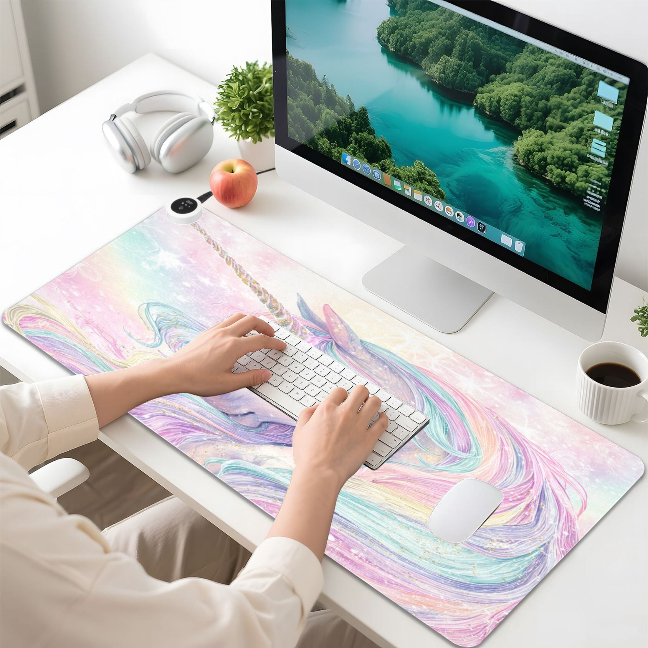 Large Heated Desk Mat Mouse Pad 31.5"x13"PU Leather Graphene Heating Desk Warmer with 3 Temperature Settings 110V US Plug Non-Slip Warm Pad for Home, Office, and Gaming Magical Unicorn Pastel Sky