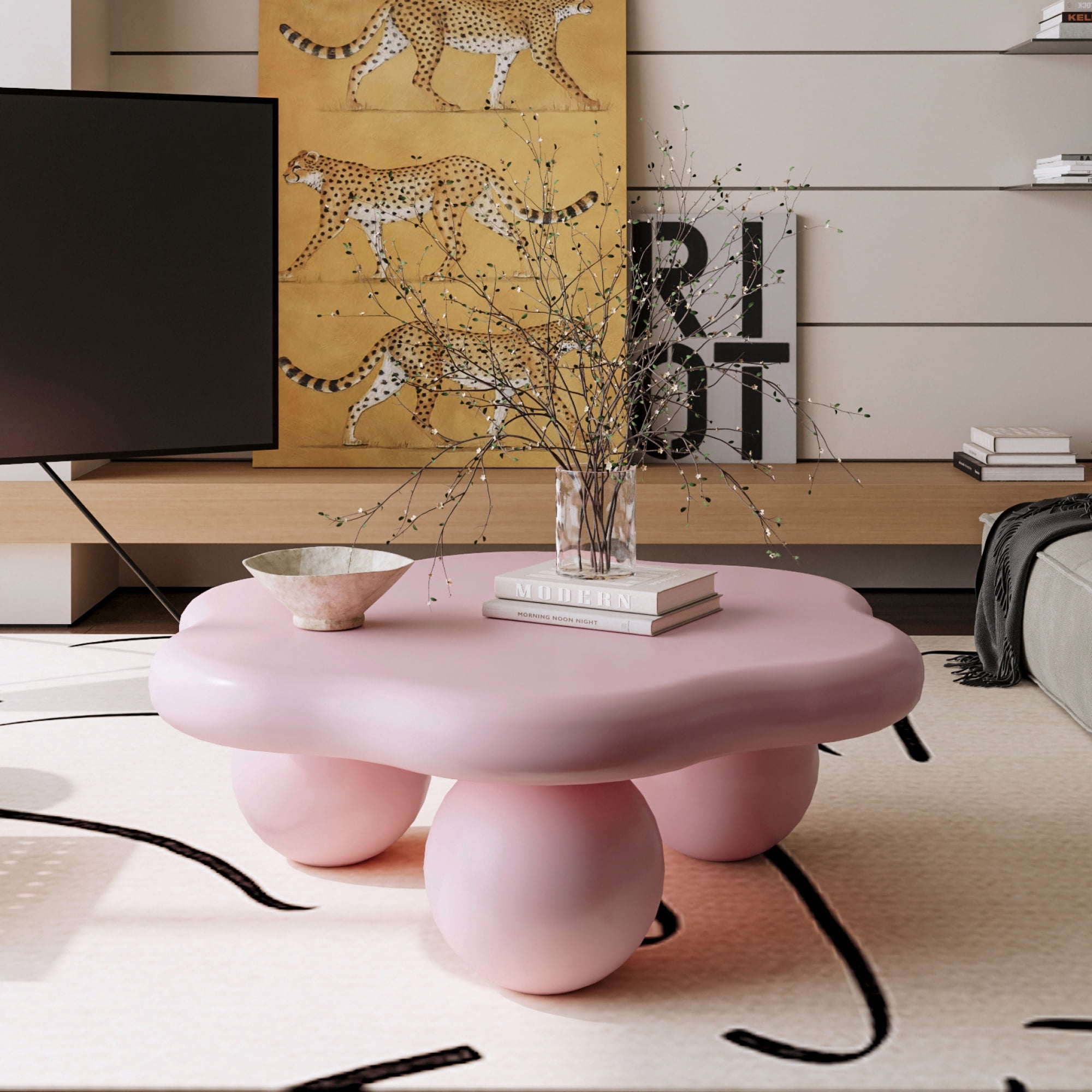 35" Cloud Shaped Coffee Table, Petal-Shaped Modern Minimalist Coffee Table with Spherical Legs, Kid & Pet Friendly Space Saving Center Table Tea Table for Small Apartment
