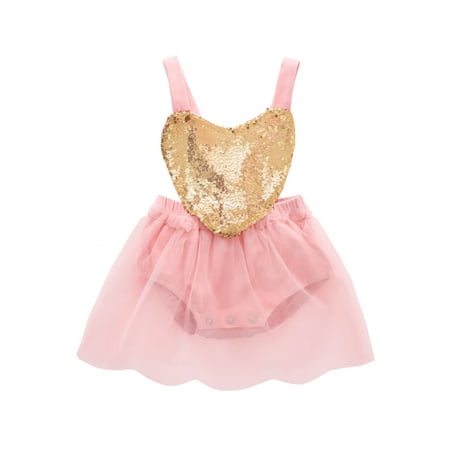 

Chollius Baby Girls Valentine s Day Romper Dress Love-Heart Sequin Backless Suspender Bodysuit Lace Mesh Tulle Skirt