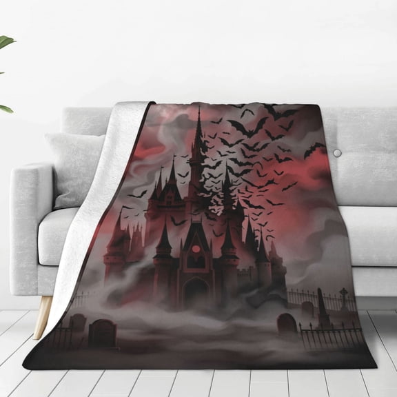 Bat Throw Blanket, Flannel Plush Vintage Black Gothic Horror Tombstone Castle Throw for Couch Sofa Bed, Halloween Goth Gifts 50x40