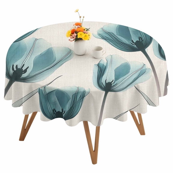 Teal Tulip Round Tablecloth 54 inches Minimalist Modern Flower Art Linen Background Waterproof Oil-Proof Table Cloth Round Table Cover for Holiday Party Picnic Dinner Decor Indoor and Outdoor Use