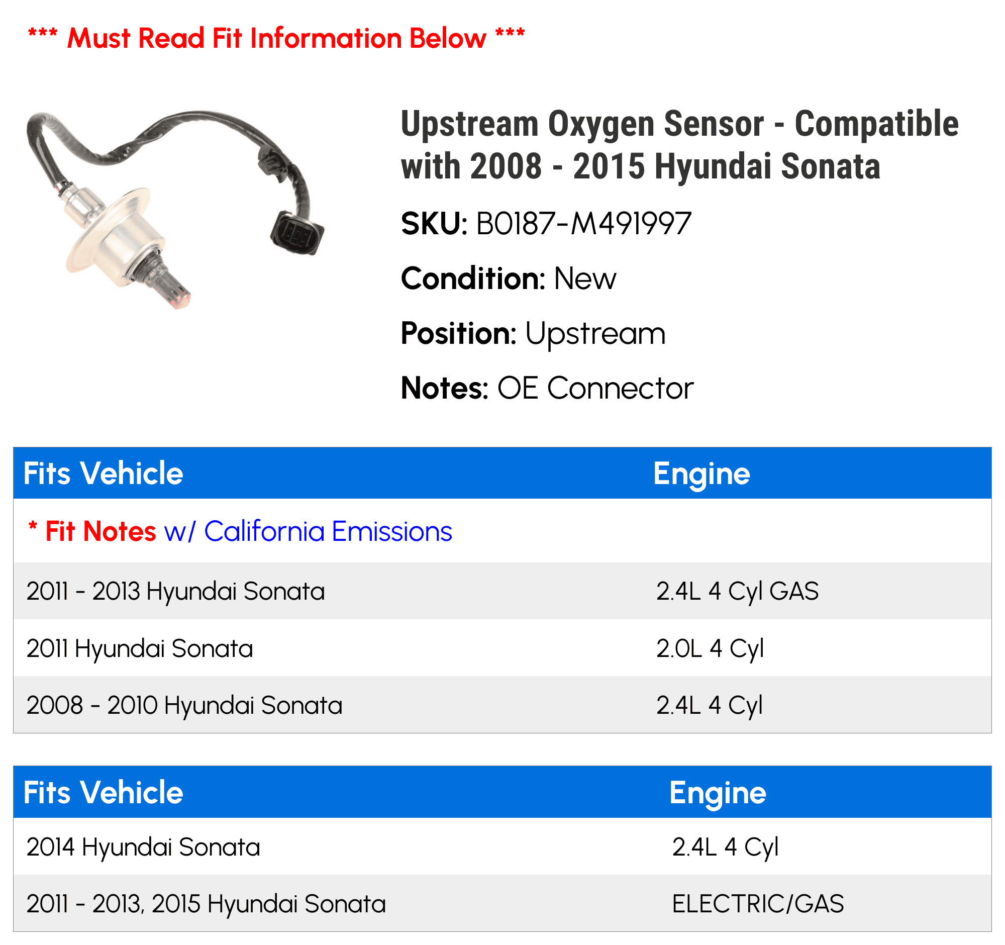 Upstream Oxygen Sensor - Compatible with 2008 - 2015 Hyundai Sonata 2009 2010 2011 2012 2013 2014