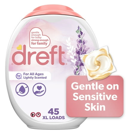 Dreft Baby Laundry Detergent XL Pacs, Sensitive Skin, Hypoallergenic, Lightly Scented Lavender, 45 Count