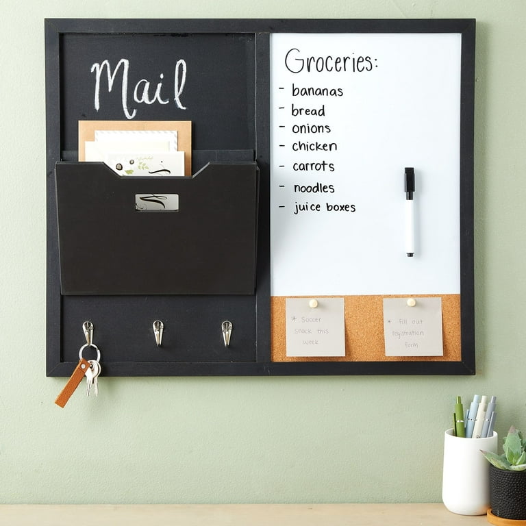 Juvale Message Center Bulletin Board - Magnetic Message Board Wall Organizer with 3 Hooks, Whiteboard, Blackboard, Mail Sorter, and Cork Board with 2