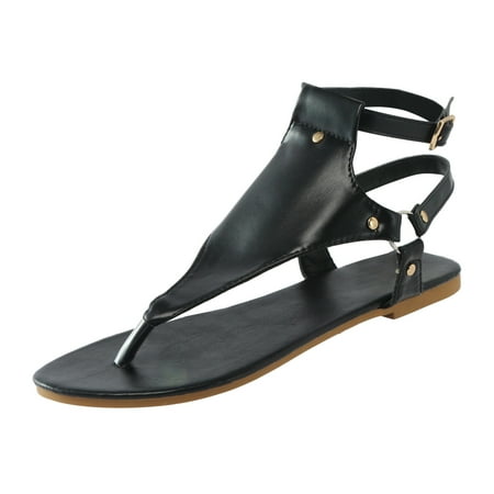 QYZEU Women Sandles Leather Solid Color Thong Sandals Large Size Open Toe Shoes Flat Beach Sandals Adjustable Buckle Ankle Strap Shoes Black 39