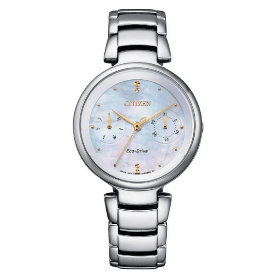 Citizen FD1106-81D Eco Drive MOP Gold Accent Chronograph Dial Silver Stainless Steel Women's Watch