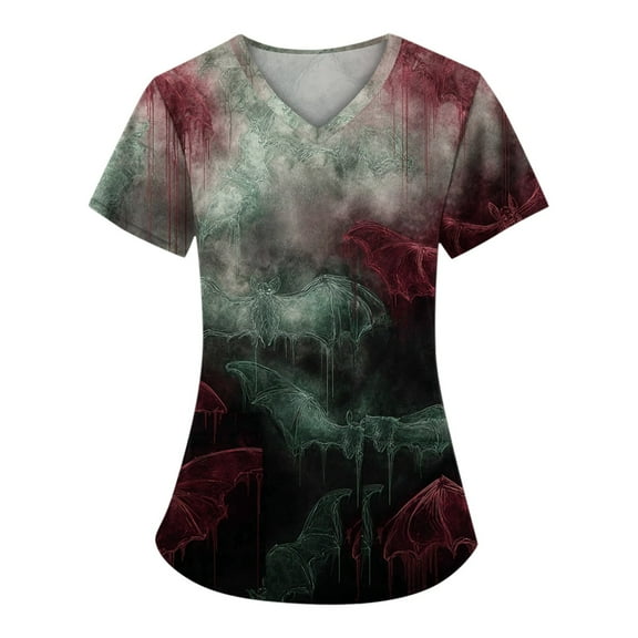dGslk Women’s Short Sleeve V-Neck Scrub Top with Pockets, Comfortable Lightweight Tunic for Work Uniform, Unique Abstract Print Deep Red L