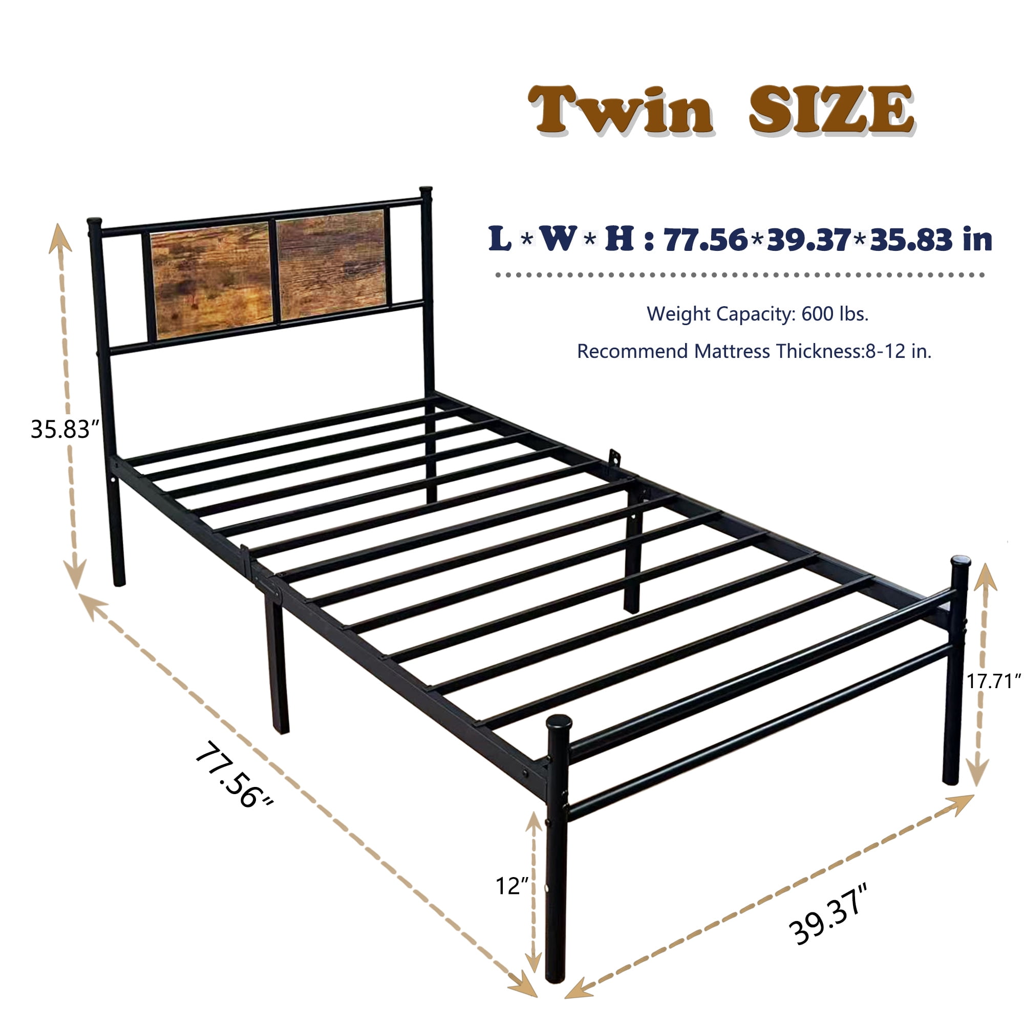 Twin Size Bed Frame with Headboard, Metal Platform Bed Frame with Metal Slats Support, Easy Assembly, Black