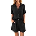 thumbnail image 2 of Women's Summer Linen Set Casual Collar Button Up Shirt And Wide Leg Shorts Two-Piece Set, 2 of 9