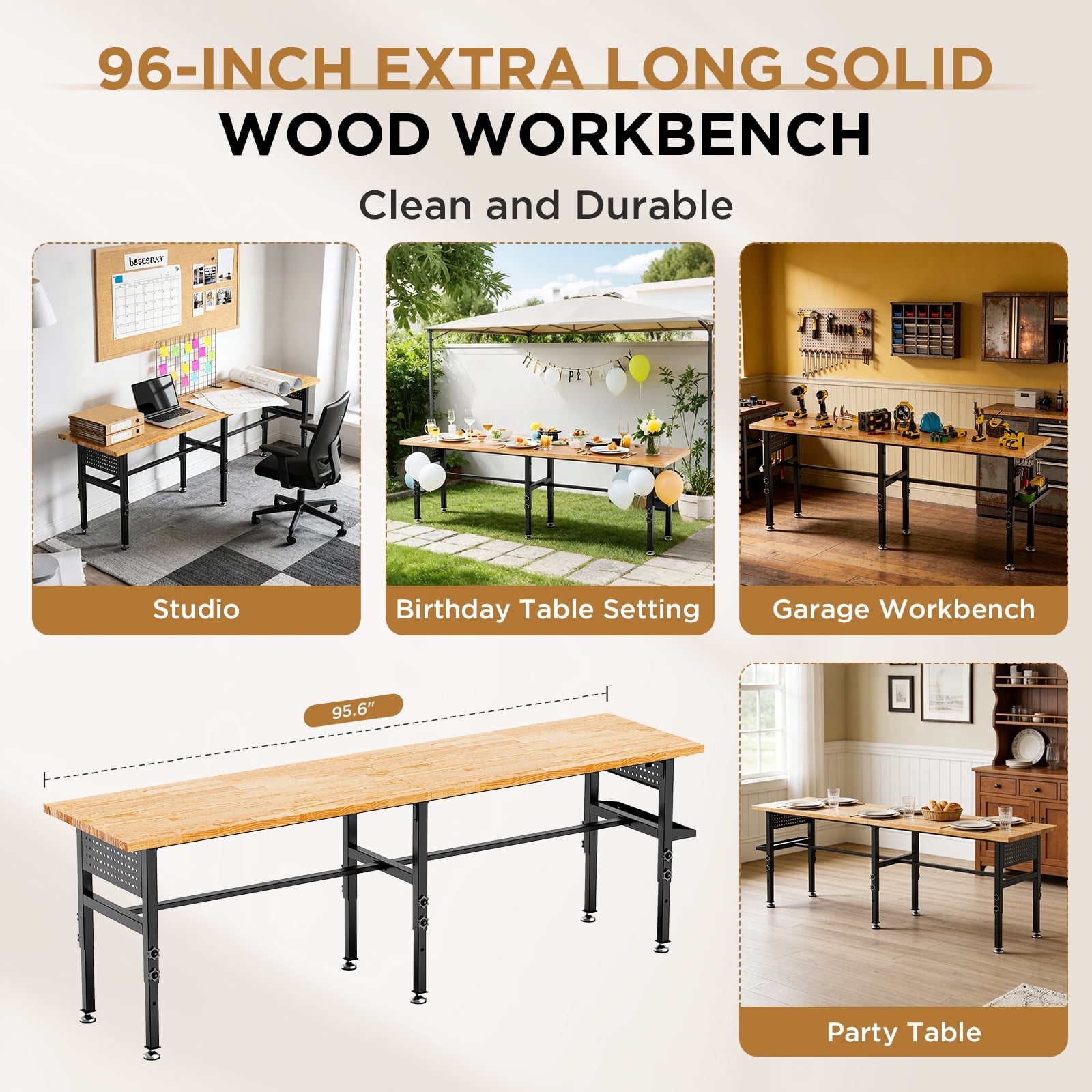 96" Adjustable Workbench with Side Pegboard, Solid Wood Top, 2000 lbs Capacity, Adjustable Height Garage Work Table with Power Outlet, Storage Box, Wheels or Leveling Feet