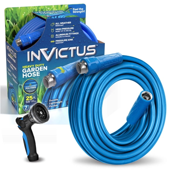 Invictus Heavy Duty Garden Hose 25 ft Kink Free Lightweight High Pressure 400 PSI with 10 Function Spray Nozzle Outdoor Water Hose