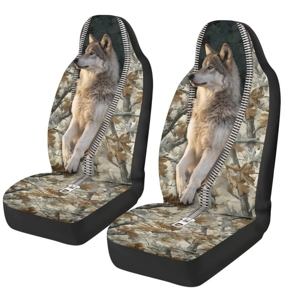 XYZCANDO Wolf Car Seat Covers 2 Pcs Camo Forest Car Seat Cover for Front Seats Anti-Slip Back Fabric Automotive Interior Seats Covers Universal Fit for Most Cars SUVs and Sedans