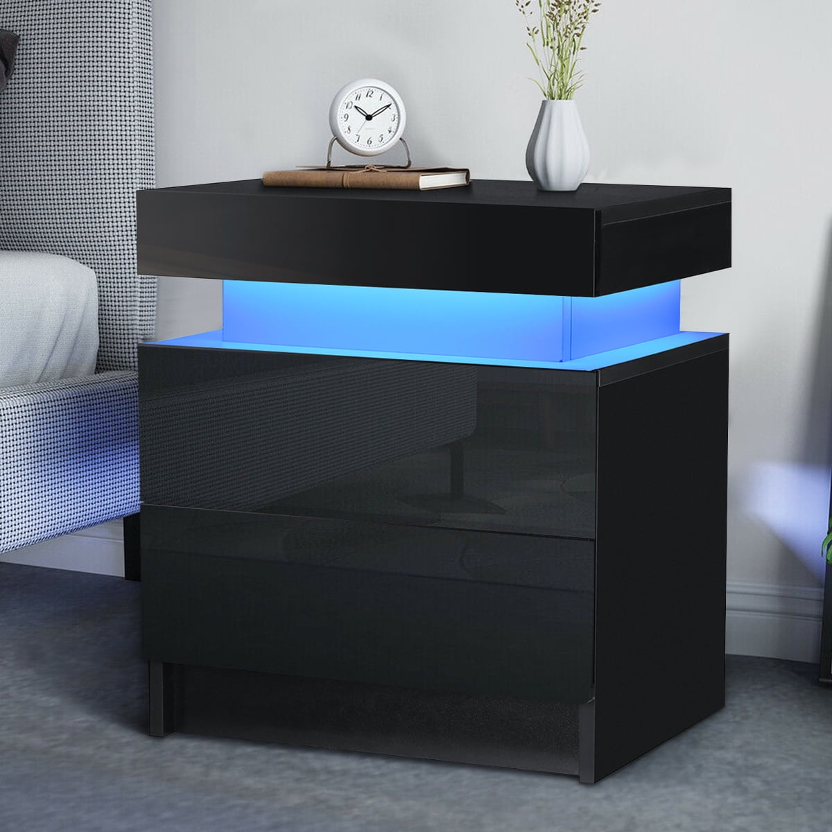 High Gloss Nightstand with 2 Drawers, RGB LED Light Cabinet, White