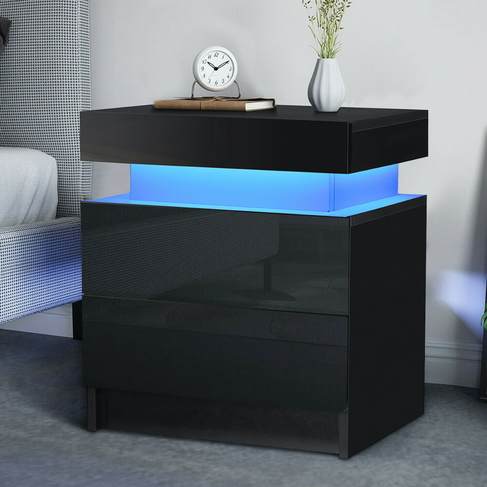 Tall 2 Drawer Nightstand With Rgb Led Light High Gloss Bedside Tables